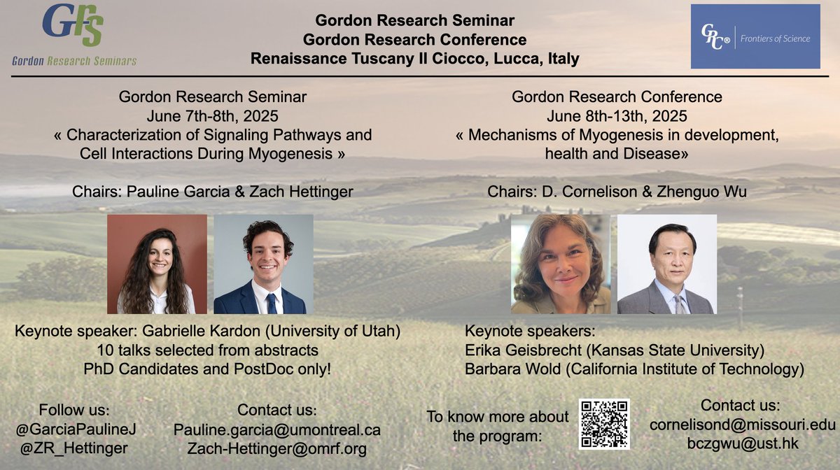 Pauline Garcia (@garciapaulinej) on Twitter photo 🚨 Registrations are still open for the GRC/GRS meetings of Myogenesis in Lucca, Italy (June 2025)!
The GRS is exclusively for PhD and postdocs with 10 short talks selected from abstracts
Do not miss the amazing <a href="/GabKardon/">Gabrielle Kardon</a> as GRS keynote speaker!!
We are looking forward! 🚨 Registrations are still open for the GRC/GRS meetings of Myogenesis in Lucca, Italy (June 2025)!
The GRS is exclusively for PhD and postdocs with 10 short talks selected from abstracts
Do not miss the amazing <a href="/GabKardon/">Gabrielle Kardon</a> as GRS keynote speaker!!
We are looking forward!