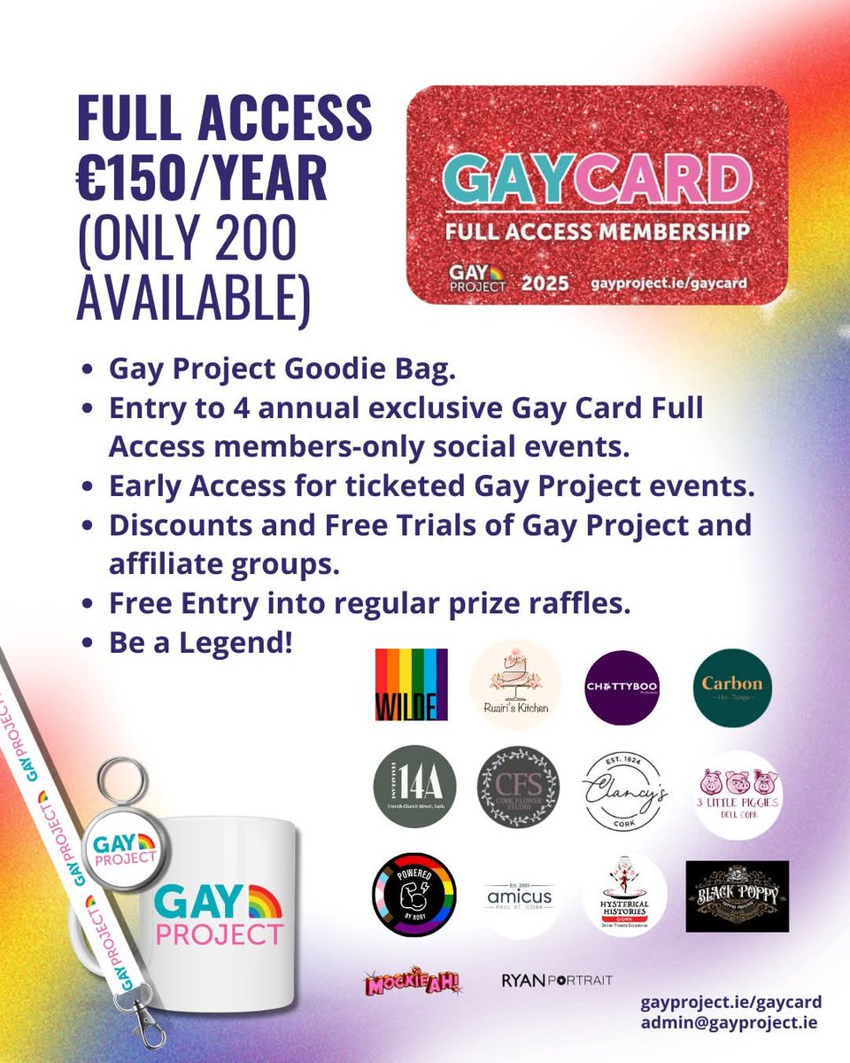 Play a direct role in the development of the new Gay Project Community Centre by signing up for the Gay Card today! Have a look at the fantastic local businesses that we have teamed up with to give you exclusive discounts with the Full Access Gay Card. 

gayproject.ie