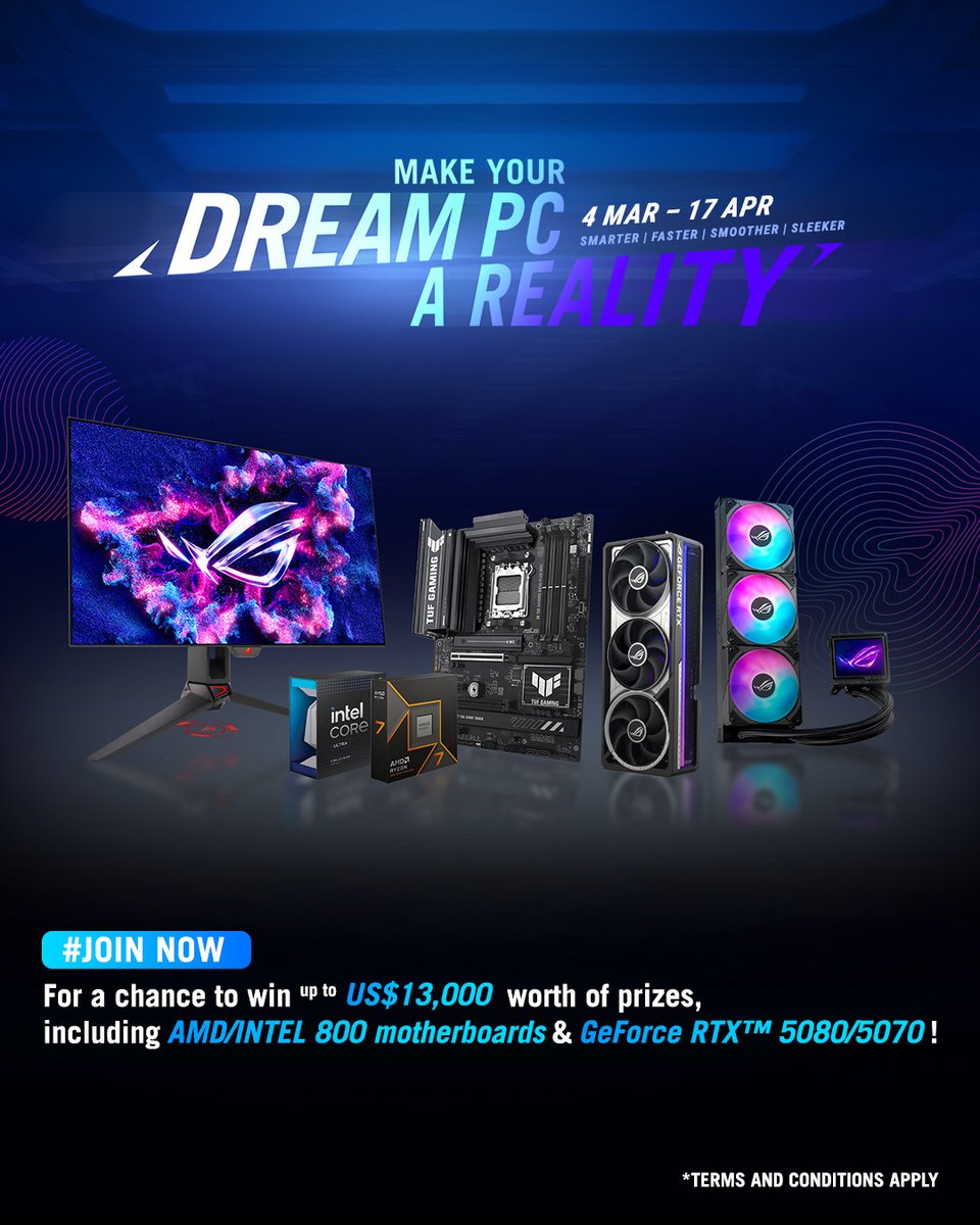 🌟Your dream PC could become a reality…​

Join our epic #giveaway with up to US$ 13,000 worth of prizes! 🏆 You’ll have a chance to win AMD/Intel 800 series motherboards and #GeForce RTX™ 5080/5070 graphics cards. 🚀​

​👉Join here: asus.click/makeyourdreamp… ​

#AsusDreamBuild