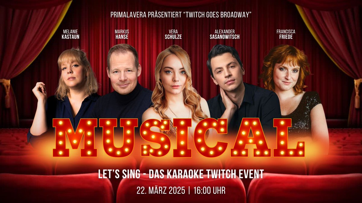 IT'S SHOWTIME✨Am 22. März, 16 Uhr heißt es - Licht aus &amp; Spotlight an für eine absolute Premiere auf Twitch! Sowas gab's noch nie!

Fünf Musicaldarsteller:innen performen für euch in meinem Karaoke Format einen bunten Musik Mix. Es wird fantastisch! ❤️ Teilen &amp; weiter sagen ❤️