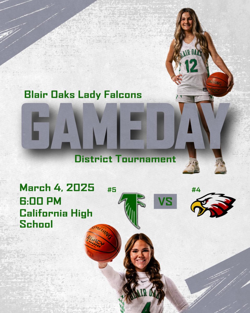 Your Lady Falcons will be begin post season play tonight vs Southern Boone at 6:00 pm, California High School

Make the trip to cheer on your girls in GREEN! 

Class #4 District 9
#5 Blair Oaks vs #4 Southern Boone