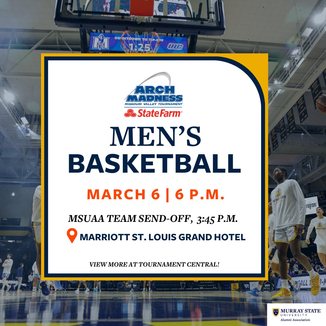 See you in St. Louie! 🏇 

The Racers tip-off against Evansville at Enterprise Center March 6 at 6 pm. 💙💛

Come to the team hotel, Marriott St. Louis Grand, at 3:45 pm for an MSUAA Blue and Gold team send off!!  

Learn more at MSUAA Tournament Central: bit.ly/42Veusb