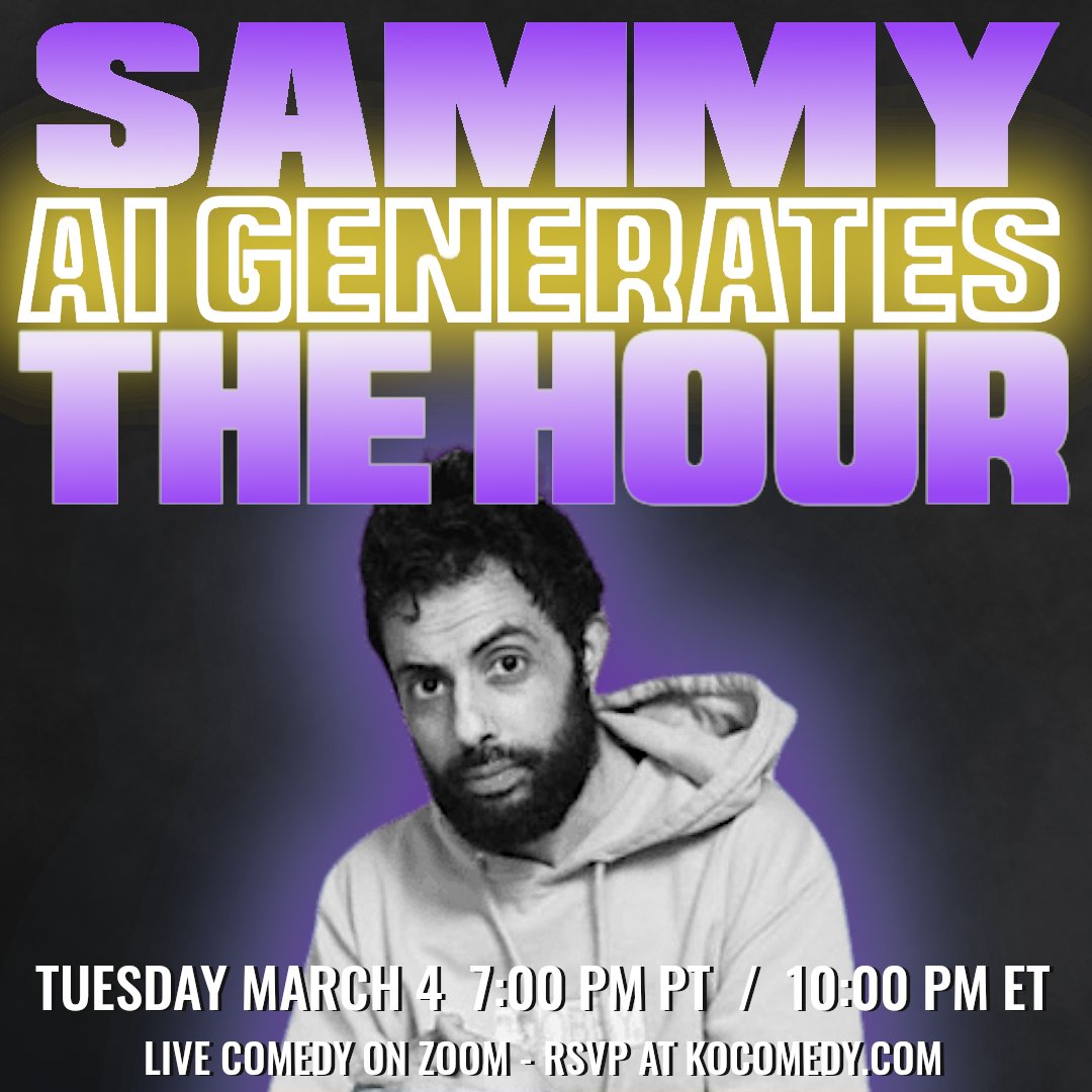 KO Comedy (@kocomedy) on Twitter photo Tonight!!! <a href="/SammyObeid/">Sammy Obeid</a> is ready for 60 minutes when Sammy AI Generates The Hour. Get your free Zoom link at KOComedy.com or watch on Twitch with <a href="/ComedyHubLive/">Youtube.com/ComedyHubLive</a>
#KO #Comedy #AI #Bots #LOL Tonight!!! <a href="/SammyObeid/">Sammy Obeid</a> is ready for 60 minutes when Sammy AI Generates The Hour. Get your free Zoom link at KOComedy.com or watch on Twitch with <a href="/ComedyHubLive/">Youtube.com/ComedyHubLive</a>
#KO #Comedy #AI #Bots #LOL