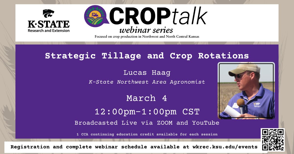 'Dryland Rotations and Tillage' is the topic of TODAY'S K-State CropTalk webinar.  Join us from 12-1 CT (11-12 MT) to hear from Dr. Lucas Haag <a href="/LucasAHaag/">Lucas Haag</a>.  His presentation will discuss results from long-term research at Tribune.  Register: wkrec.org/events/croptal…