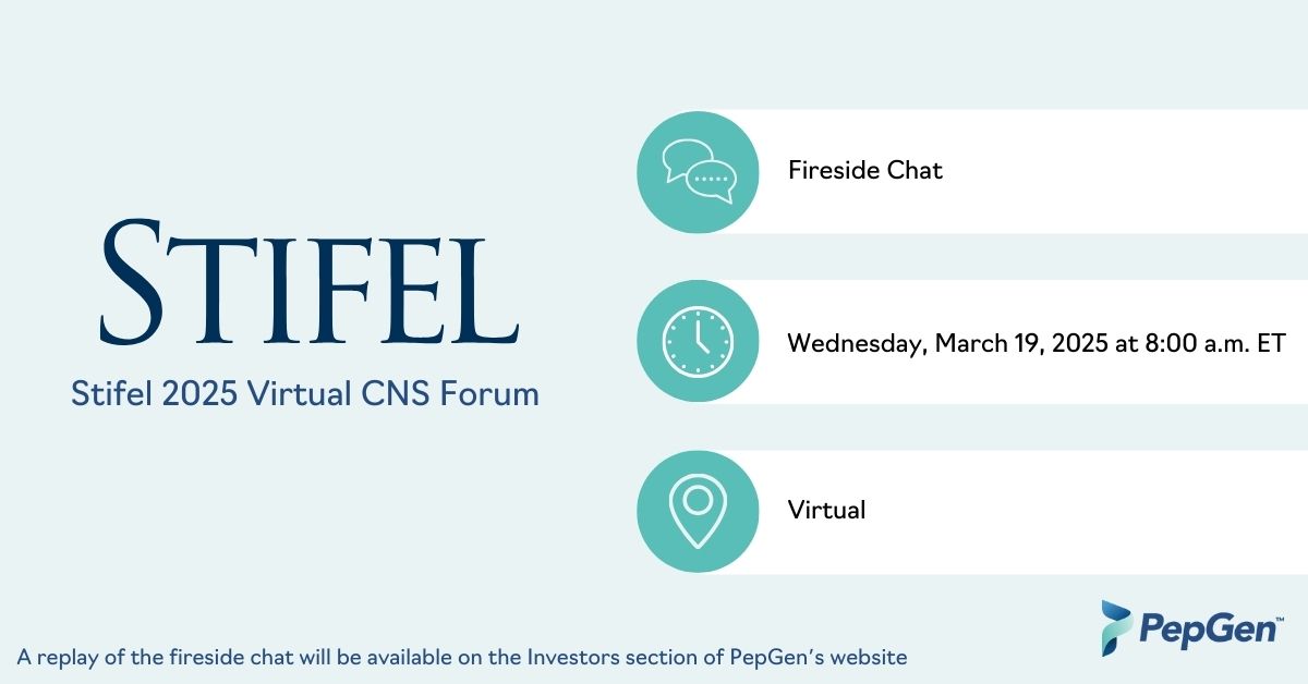 Today, PepGen will be participating in a fireside chat at the <a href="/Stifel/">Stifel</a> 2025 Virtual CNS Forum.
 
Watch the webcast here: investors.pepgen.com/news-events/ev…