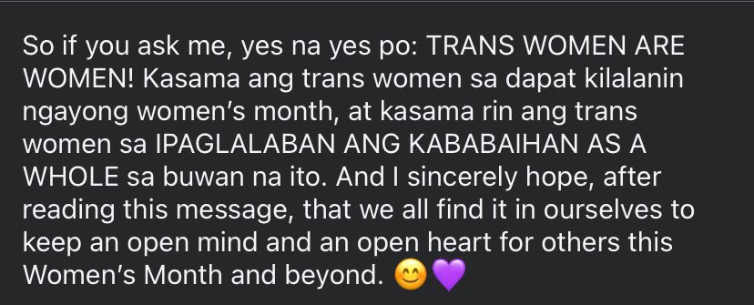 ReynaValmores's tweet image. Ang transgender na babae ay ganap na babae. At ang kababaihan ay lalaban ngayong #InternationalWomensMonth💜