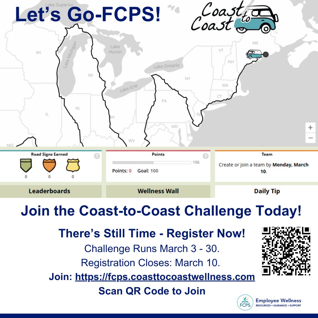 FCPS Employee Wellness (@fcpswellness) on Twitter photo March 4
There's Still Time - Join the Coast-to-Coast Challenge Today: https://fcps.coasttocoastwellness.comWatch the video to learn more: tinyurl.com/2s4f3hdp
Don't miss out on the adventure!
<a href="/FCPSWellness/">FCPS Employee Wellness</a>
#CoasttoCoastChallenge #LetsGoFCPS March 4
There's Still Time - Join the Coast-to-Coast Challenge Today: https://fcps.coasttocoastwellness.comWatch the video to learn more: tinyurl.com/2s4f3hdp
Don't miss out on the adventure!
<a href="/FCPSWellness/">FCPS Employee Wellness</a>
#CoasttoCoastChallenge #LetsGoFCPS