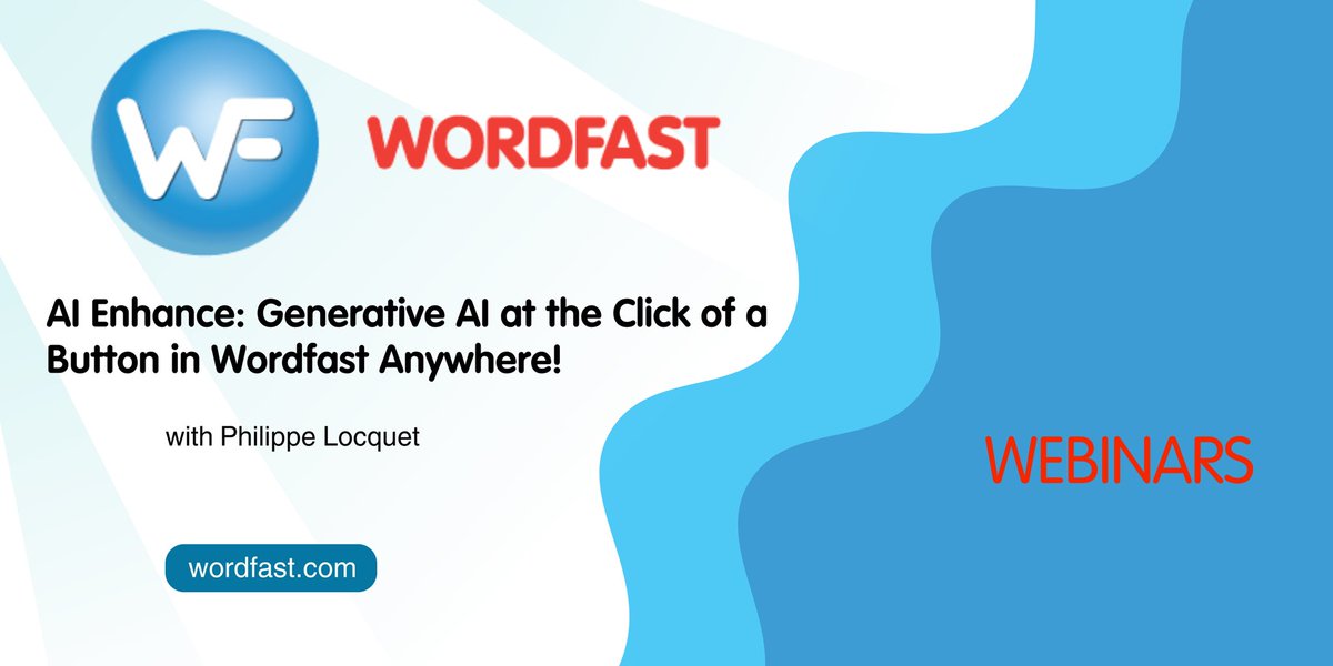 Wordfast (@wordfast) on Twitter photo Discover how our innovative "enhance" function can assist your creativity, boost accuracy, and maximize productivity—all within your favorite cloud-based CAT tool! 
youtu.be/ZOuy95XcCwg?si…
#wordfastanywhere #GenerativeAI #CATtools #TranslationTech #Translators #AI #Wordfast Discover how our innovative "enhance" function can assist your creativity, boost accuracy, and maximize productivity—all within your favorite cloud-based CAT tool! 
youtu.be/ZOuy95XcCwg?si…
#wordfastanywhere #GenerativeAI #CATtools #TranslationTech #Translators #AI #Wordfast
