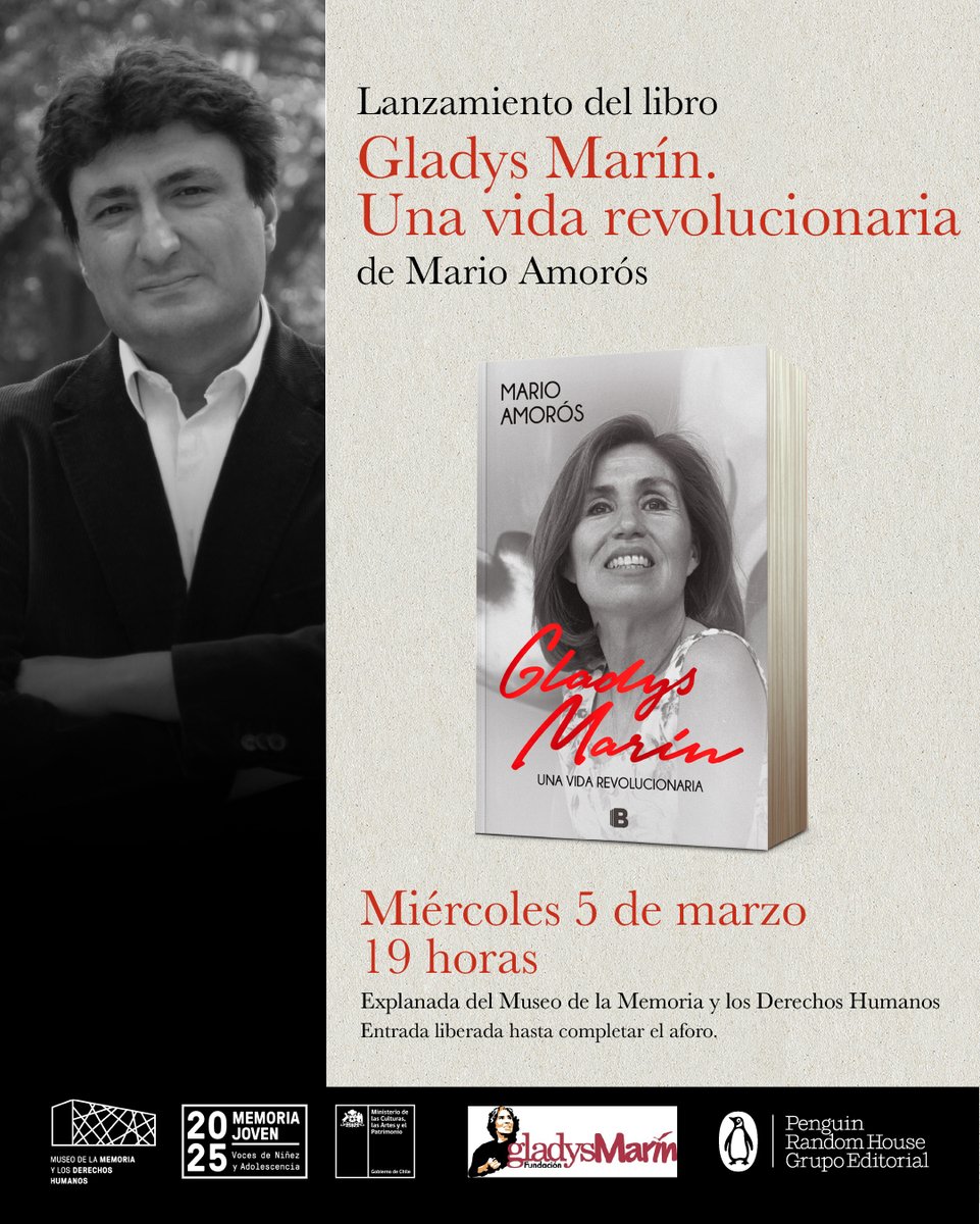 Fund. Salvador Allende (@fsallende) on Twitter photo Les invitamos al lanzamiento del libro Gladys Marín: Una vida revolucionaria, del escritor <a href="/MarioAmoros1973/">Mario Amorós </a> , mañana a las 19:00 horas en la explanada del Museo de la Memoria.
Entrada libre hasta completar aforo.
#GladysMarin #Librosrecomendados #Memoria #DerechosHumanos Les invitamos al lanzamiento del libro Gladys Marín: Una vida revolucionaria, del escritor <a href="/MarioAmoros1973/">Mario Amorós </a> , mañana a las 19:00 horas en la explanada del Museo de la Memoria.
Entrada libre hasta completar aforo.
#GladysMarin #Librosrecomendados #Memoria #DerechosHumanos