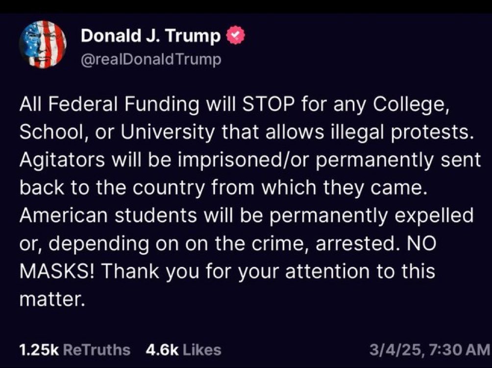 enzoreds's tweet photo. Sometimes campus politics matters. 
If--building on Biden's repression of 🍉--Trump manages to pull this off in formerly very permissive spaces, what will be left of the right to protest?
Also, what does "illegal" mean? An occupation? A sit-in? Ignoring arbitrary police commands? https://t.co/PzFtU6kTEb