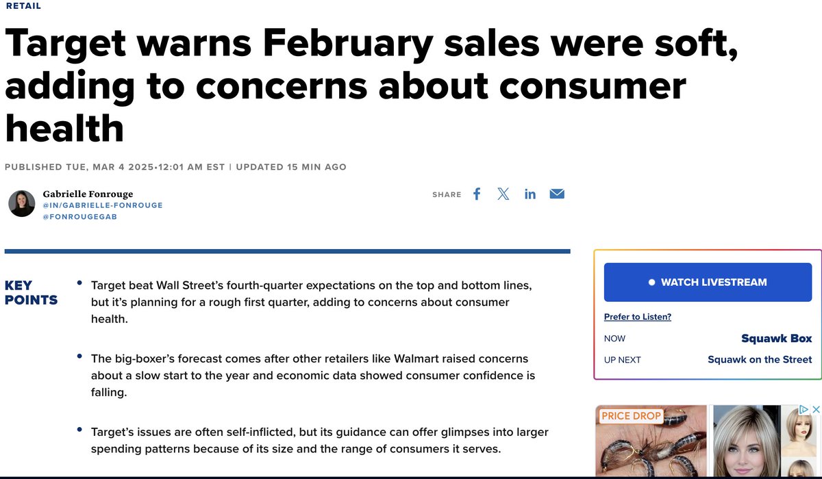 herrmanndigital's tweet image. So @Target is now saying February was a slower than usual month for them, essentially down YoY. 

Last week @Walmart and E.L.F. Beauty said similar remarks. 

They blamed economic uncertainty and tariffs as the main reasons. 

I do believe that the DTC community tends to ignore…