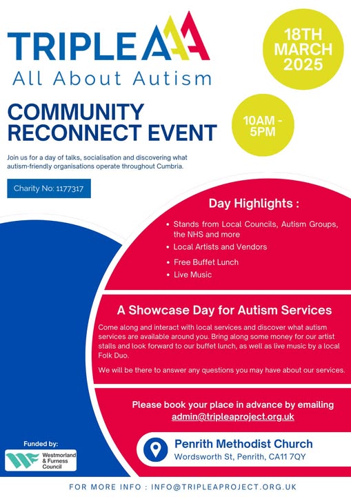 Triple A Project (@tripleaproject) on Twitter photo The autistic community across Cumbria will be coming together in Penrith on Tues 18th March 2025. Triple-A are organising a "Community Reconnect" event, 10:00 - 17:00
To book a place, email admin@tripleaproject.org.uk #autism #Cumbria #westmorlandandfurness #Cumberland The autistic community across Cumbria will be coming together in Penrith on Tues 18th March 2025. Triple-A are organising a "Community Reconnect" event, 10:00 - 17:00
To book a place, email admin@tripleaproject.org.uk #autism #Cumbria #westmorlandandfurness #Cumberland