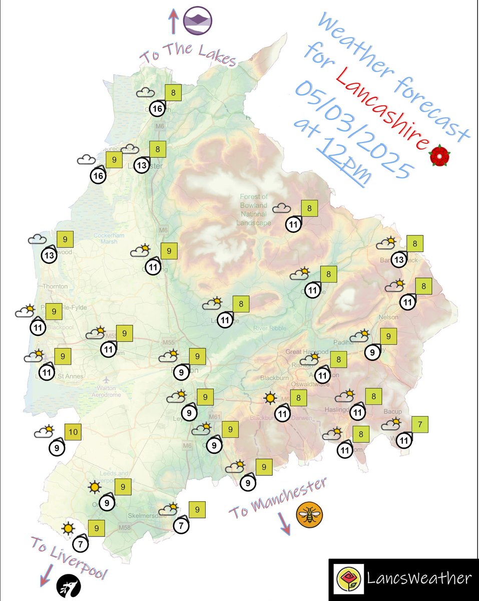 LancsWeather's tweet photo. Weather forecast for Lancashire tomorrow, ⛅ Wednesday ☀️ 5th March 2025 #lancsweather #lancashire #weather #forecast #blackburn #blackpool #burnley #chorley #fylde #hyndburn #lancaster #pendle #preston #ribblevalley #rossendale #southribble #westlancashire #wyre https://t.co/DvaITHDZ81