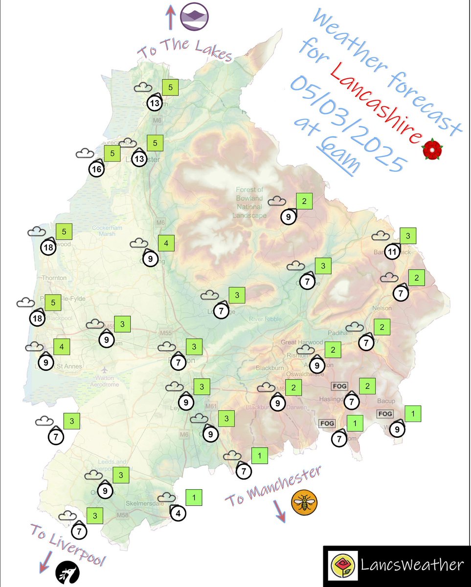 LancsWeather's tweet photo. Weather forecast for Lancashire tomorrow, ⛅ Wednesday ☀️ 5th March 2025 #lancsweather #lancashire #weather #forecast #blackburn #blackpool #burnley #chorley #fylde #hyndburn #lancaster #pendle #preston #ribblevalley #rossendale #southribble #westlancashire #wyre https://t.co/DvaITHDZ81