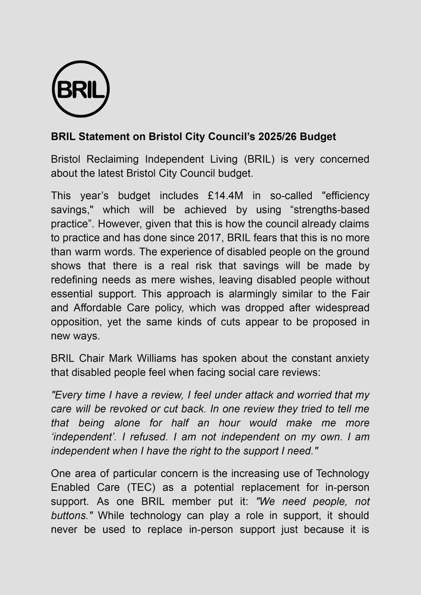 BrilLiving's tweet image. BRIL is very concerned about @BristolCouncil budget plans for 2025/26 and its impact on disabled people in Bristol. Please read our statement and share widely. >> tinyurl.com/BRILbudgetstat…