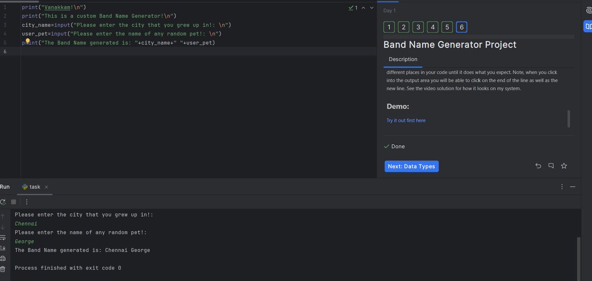 Sun_Tzu1010's tweet image. Completed Day 1 of the 100 Days of Code by Angela Yu. Took a while (with a lot of interruptions) but got there in the end. Eh, it doesn't necessarily match but hey, it works.
#100DaysOfCode