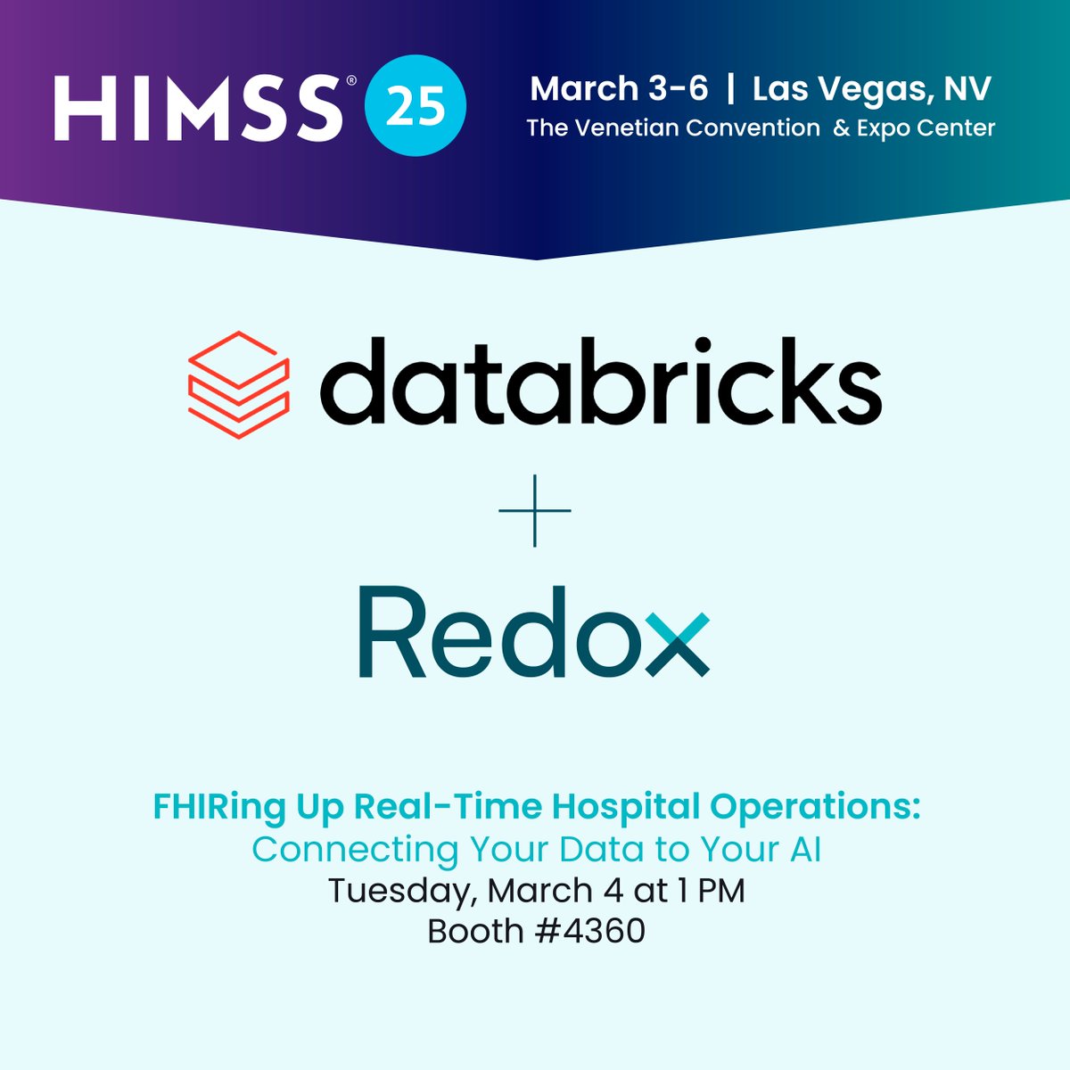 Struggling with real-time hospital operations? Join us today at 1 PM, booth 4360, to see how @Databricks and <a href="/Redox/">Redox</a> are powering AI with connected data. Let's optimize your operations together. #HealthcareAI #HIMSS #HIMSS25 #interoperability