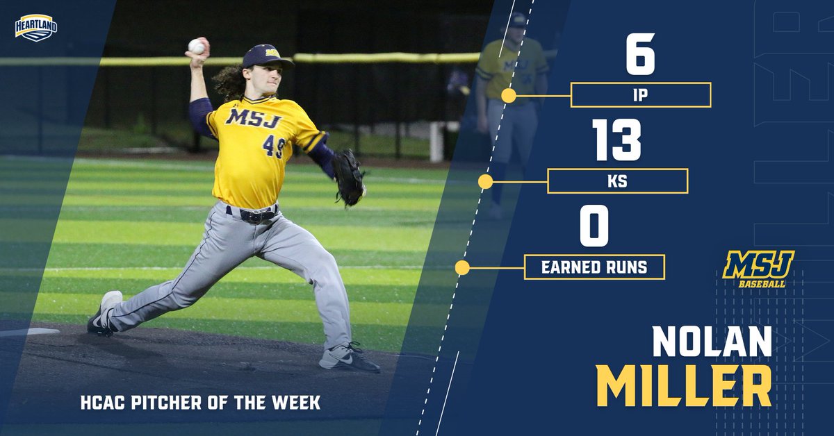 Mount St. Joseph University Athletics (@msj_lions) on Twitter photo Nolan Miller of <a href="/MSJ_Baseball/">MSJ Baseball</a> has been named the <a href="/HCACDIII/">Heartland Collegiate Athletic Conference</a> pitcher of the week after his 6.0 inning, 13 strikeout performance vs. North Central on Sunday! Nolan Miller of <a href="/MSJ_Baseball/">MSJ Baseball</a> has been named the <a href="/HCACDIII/">Heartland Collegiate Athletic Conference</a> pitcher of the week after his 6.0 inning, 13 strikeout performance vs. North Central on Sunday!