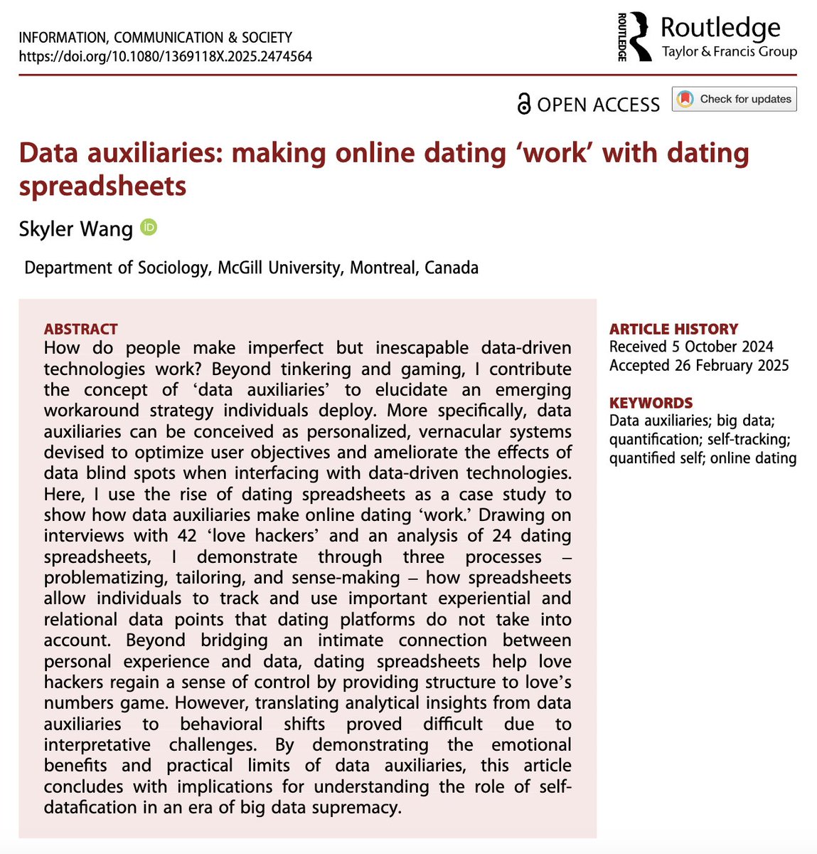Skyler Wang (@skylrwang) on Twitter photo 🚨New pub in <a href="/icsjournal/">icsjournal</a>🚨
Ever wondered why people use dating spreadsheets to help them with dating? I use this case study to develop the concept of 'data auxiliaries'—the things we create to offset data blind spots when using data-driven technologies.
doi.org/10.1080/136911… 🚨New pub in <a href="/icsjournal/">icsjournal</a>🚨
Ever wondered why people use dating spreadsheets to help them with dating? I use this case study to develop the concept of 'data auxiliaries'—the things we create to offset data blind spots when using data-driven technologies.
doi.org/10.1080/136911…