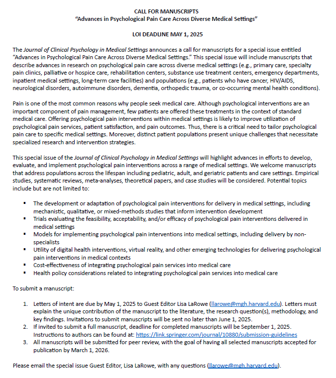 Excited to be guest editing a special issue of Journal of Clinical Psychology in Medical Settings on recent advances in psychological pain care! If you're doing research in this space, check out our Call for Manuscripts. DM with any questions! #PainResearch #PainPsychology #NIH