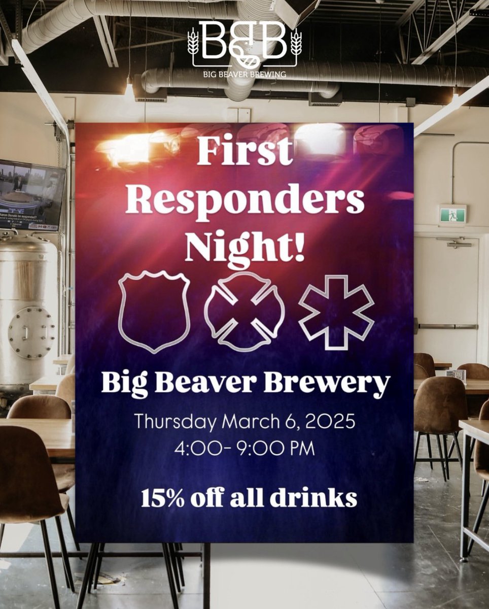 Introducing First Responders Night! Kicking off Thursday, March 6th.

Enjoy 15% off all drinks as we raise a glass to our incredible first responders and all their hard work!

#Okotoks #okotoksbusiness #okotokssmallbusiness  #AlbertaCraftBeer #DrinkLocal #CraftBrew #OkotoksEvents