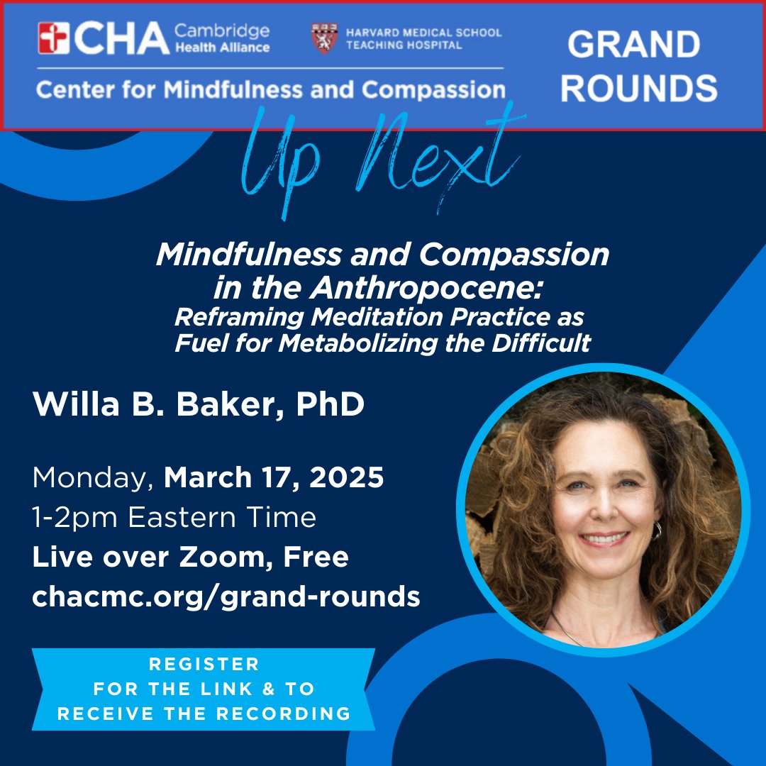 How can mindfulness help us face a world on fire? Join us March 17, 1–2pm ET for a free Grand Rounds with Willa B. Baker, PhD, on using meditation as activism. Free, live on Zoom.

🔗 chacmc.org/grand-rounds
#Mindfulness #Meditation #Compassion