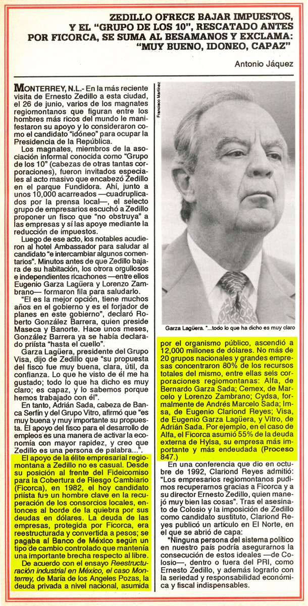apegnaloza's tweet image. #ernestozedillo #fobaproa #ipab #elecciones1994 #pri #errordediciembre desde julio de 1994 ya se veía venir lo que años después conoceríamos como el rescate de los millonarios y más tranzas, Antonio Jáquez en Proceso del 11 de julio de 1994