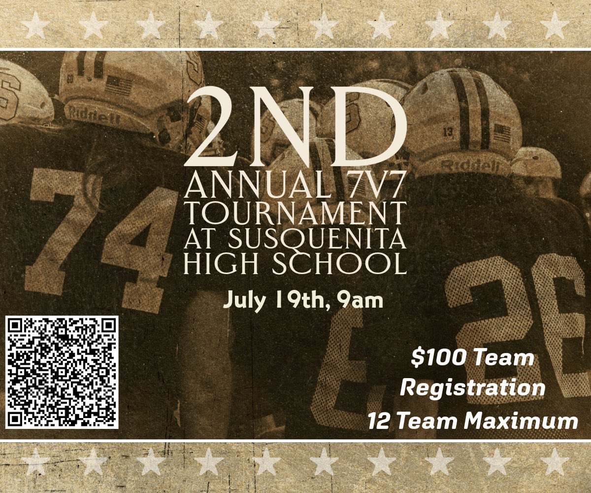 Joe Chrismer IV (@coachchrismer23) on Twitter photo We have set a date for the 2nd Annual 7v7 Tournament at Susquenita. July 19th @ 9:00AM guaranteed 5 games.
<a href="/WPIAL_Insider/">WPIAL Insider</a> <a href="/PaFootballNews/">Pennsylvania Football News</a> <a href="/AFL_YorkPA/">AFL York PA</a> <a href="/EastPASportsnet/">Eastern Pennsylvania Sports Network</a> <a href="/EPAFootball/">EasternPAFootball</a> <a href="/SportsTalk_304/">WV Sports Talk</a> <a href="/MarylandHighsch/">Maryland High School Sports</a> <a href="/CoachZDawson/">Zach Dawson</a> <a href="/Susquenita_FB/">Susquenita Blackhawks Varsity Football</a> <a href="/Photos_by_Gina/">Photos by Gina Frisenda LLC</a> We have set a date for the 2nd Annual 7v7 Tournament at Susquenita. July 19th @ 9:00AM guaranteed 5 games.
<a href="/WPIAL_Insider/">WPIAL Insider</a> <a href="/PaFootballNews/">Pennsylvania Football News</a> <a href="/AFL_YorkPA/">AFL York PA</a> <a href="/EastPASportsnet/">Eastern Pennsylvania Sports Network</a> <a href="/EPAFootball/">EasternPAFootball</a> <a href="/SportsTalk_304/">WV Sports Talk</a> <a href="/MarylandHighsch/">Maryland High School Sports</a> <a href="/CoachZDawson/">Zach Dawson</a> <a href="/Susquenita_FB/">Susquenita Blackhawks Varsity Football</a> <a href="/Photos_by_Gina/">Photos by Gina Frisenda LLC</a>