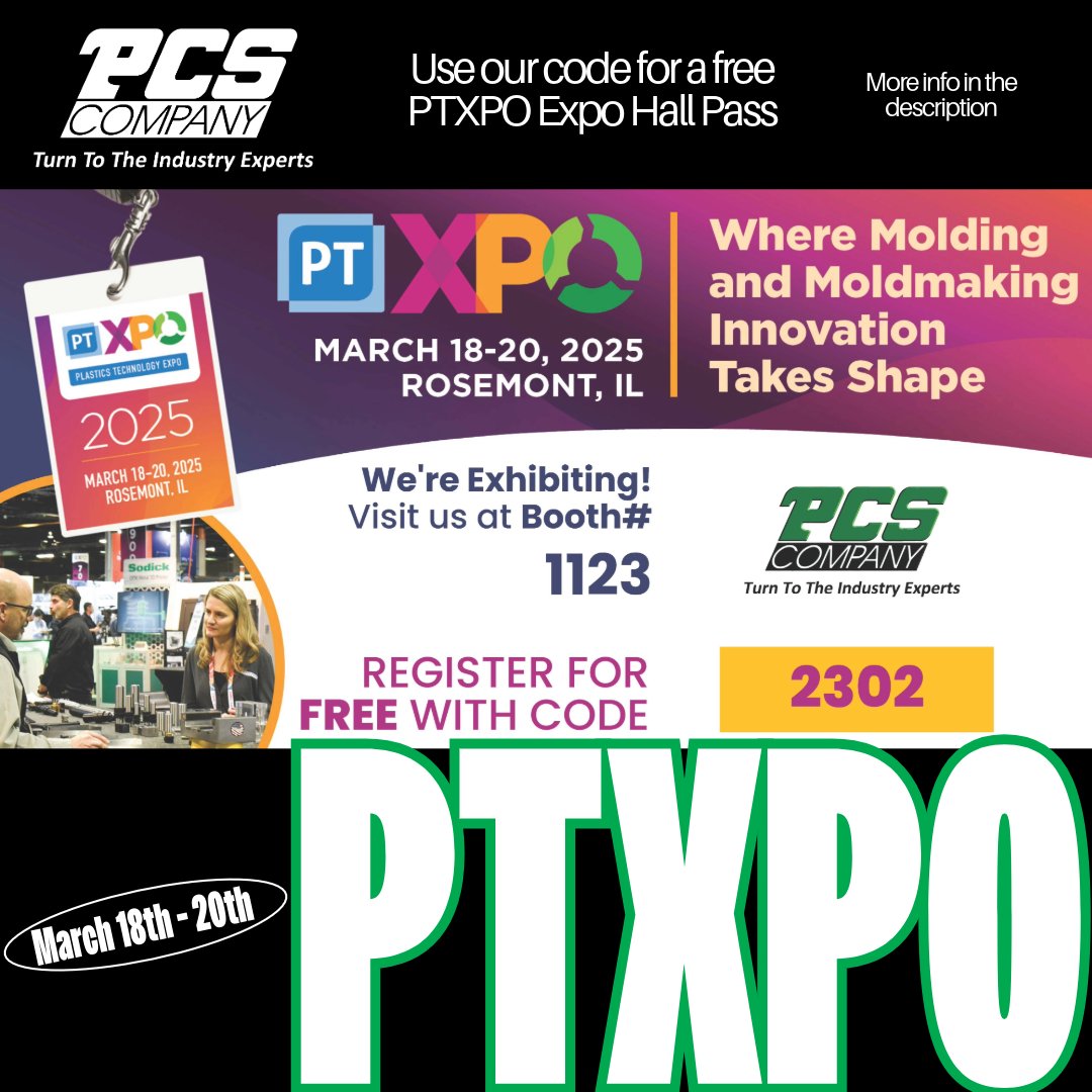 company_pcs's tweet image. Two weeks and counting to Plastics Technology Expo 2025! Join us at booth #1123 from March 18-20 in Rosemont, IL for one of the biggest plastics processing events of the year! Get a FREE expo hall pass using our code 2302! #PTXPO #PlasticsIndustry #MoldMaking #PCSCompany