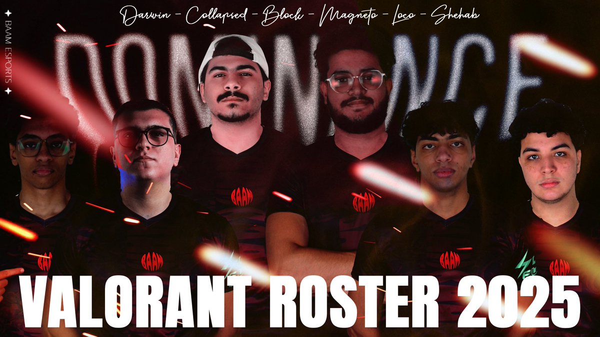 We are happy to announce our VALORANT roster for Challengers League MENA 2025
<a href="/MagnetoVLR/">Magneto</a> (IGL)
<a href="/BlockVALO/">Block</a>
<a href="/LocoEUU/">Loco</a>
<a href="/Darw1nx/">Darwin</a>
<a href="/CollapsedVLR/">Collapsed</a>
<a href="/zo3b00l/">shehab🇵🇸</a> (sub)

💥💥💥💥💥💥