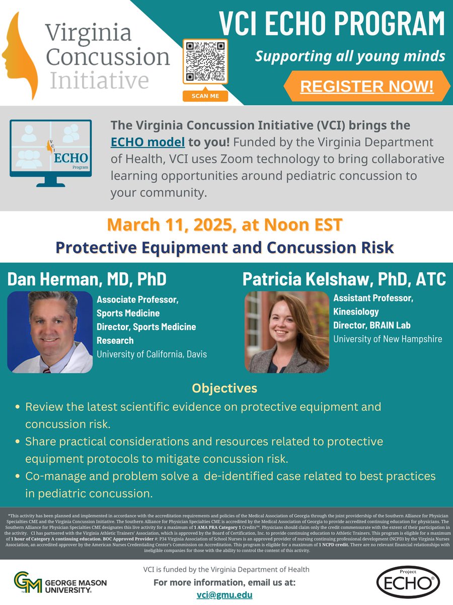 Join the VCI ECHO Program Tuesday, March 11, 2025, at noon for "Protective Equipment and Concussion Risk" with Dr. Dan Herman and Dr. Patricia Kelshaw. Register at bit.ly/49aRftY.