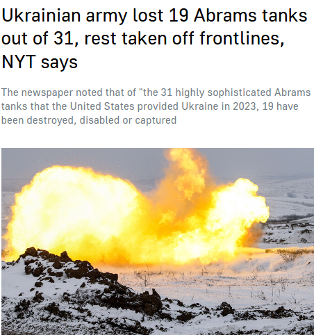 amborin's tweet photo. .
‼️🇷🇺💪 19 U.S. M1 Abrams "Game Changer" Tanks destroyed:

(🤣😜 "the Army Science Board reported that the Abrams’ mobility, firepower, and protection would be insufficient against evolving threats")