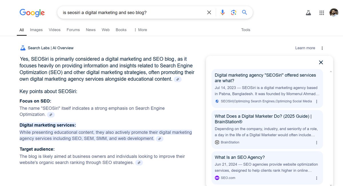 seofixup's tweet image. Is SEOSiri A Digital Marketing and SEO Blog?

SEOSiri is a digital marketing blog and SEO blog and a world-class digital marketing, SEO service provider, here are the AI Overview SERPs of SEOSiri, Read more- qr.ae/pYq2xX

#seo #seosiri #seoblog #digitalmarketingblog