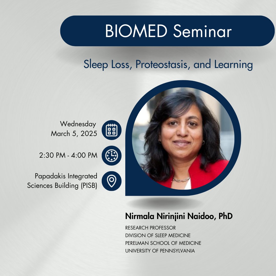 🔬 BIOMED Seminar: Sleep Loss, Proteostasis, and Learning 🧠💤

📅 Wednesday, March 5, 2025
🕝 2:30 PM - 4:00 PM
📍 Papadakis Integrated Sciences Building (PISB), Room 120

Read more:
tinyurl.com/2wr83ad4

#SleepScience #BrainHealth #Proteostasis #Neuroscience #BIOMEDSeminar