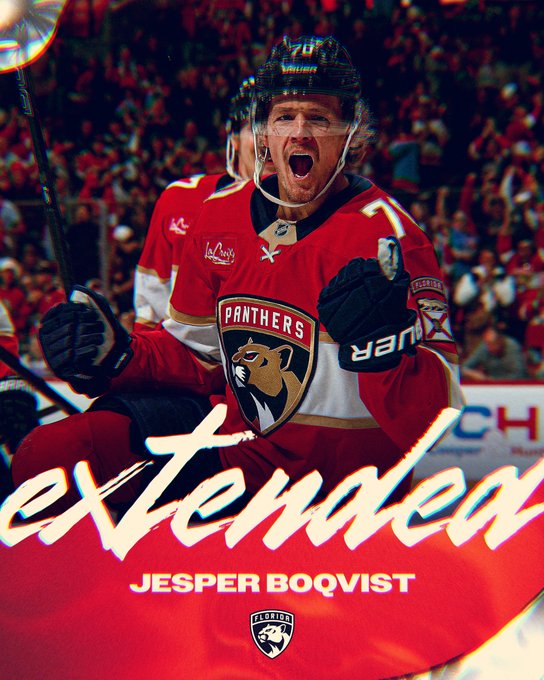 Red background graphic with silver swirls at the top left and bottom right.

At the top is a photo of Jesper Boqvist celebrating a goal.

Near the bottom in beige script font: "extended"

Underneath that over the red, in beige all caps font: "Jesper Boqvist"