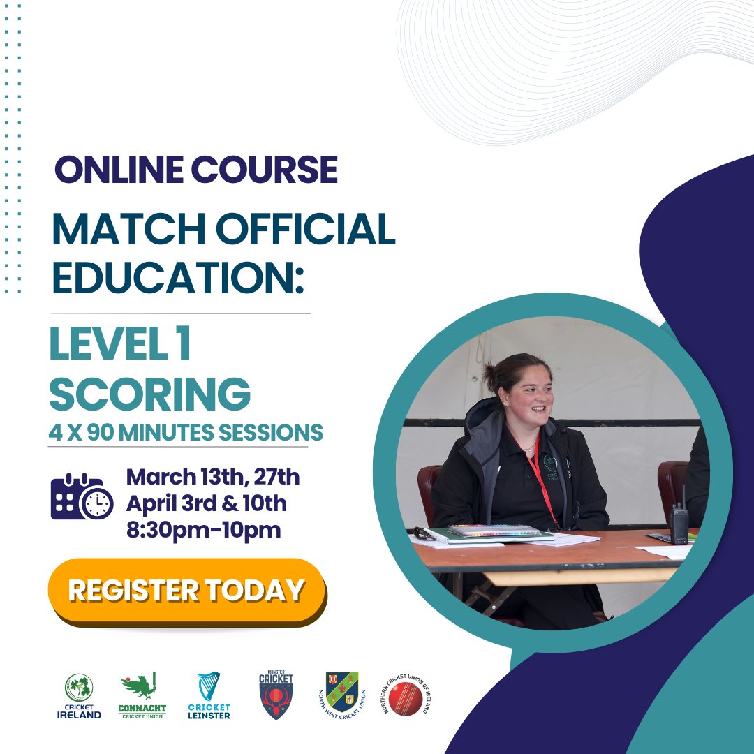 Cricket Ireland Scoring Courses 🏏💻

Introduction to Scoring Course
Overview: 4 x 60 minute online sessions
Date: March 13th, 27th, April 3rd &amp; 10th
Time: 7pm-8pm
Only 10 places available
Participants must be available to attend all 4 sessions 
Tutor: David Irvine
Register: