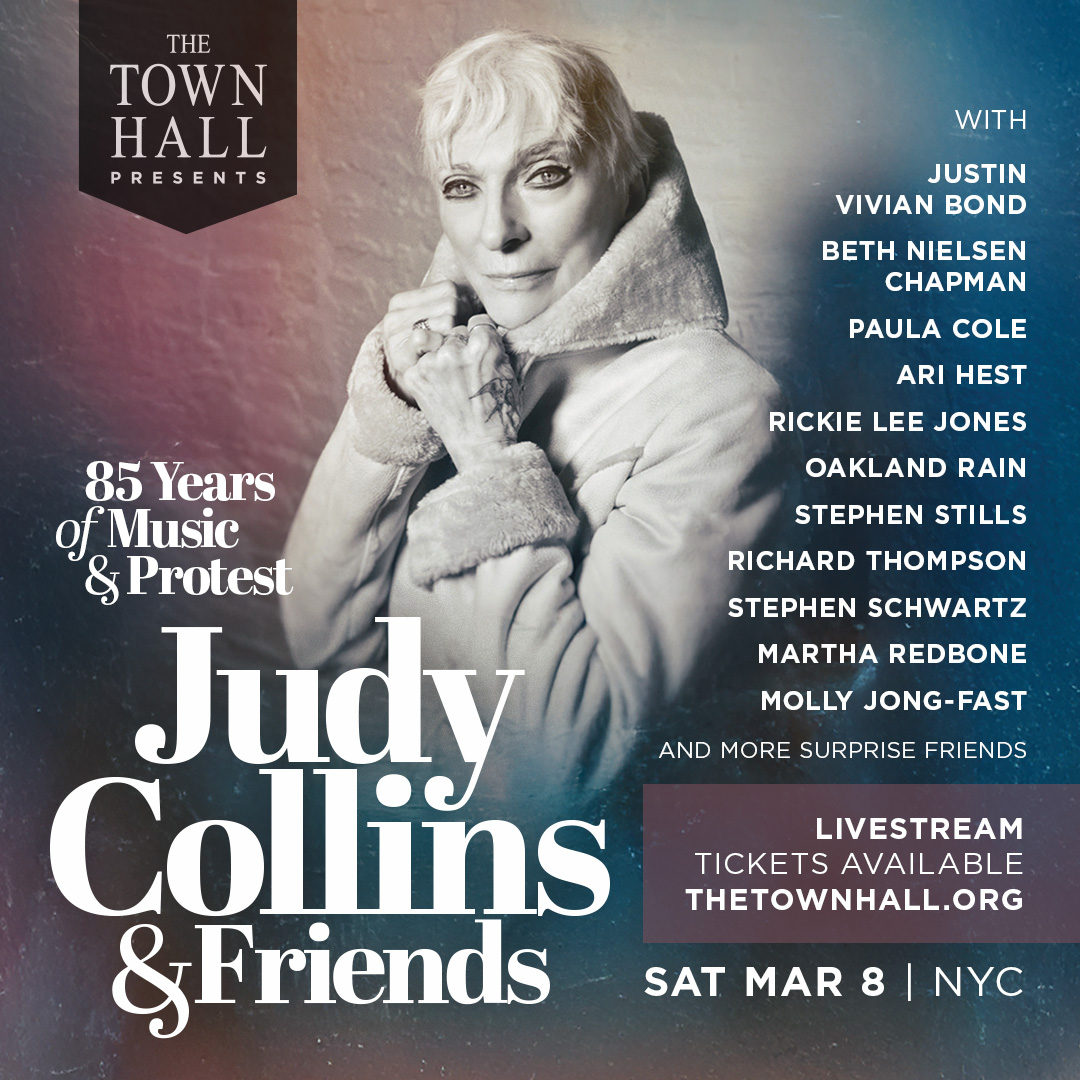 MORE SPECIAL GUESTS ADDED--Town Hall has just released LIVESTREAM TICKETS: thetownhall.co/jc85livestream
#judycollins #sophiebhawkins #justinvivianbond #bethnielsenchapman #paulacole #arihest #rickieleejones #oaklandrain #stephenstills #richardthompson #stephenschwartz #martharedbone