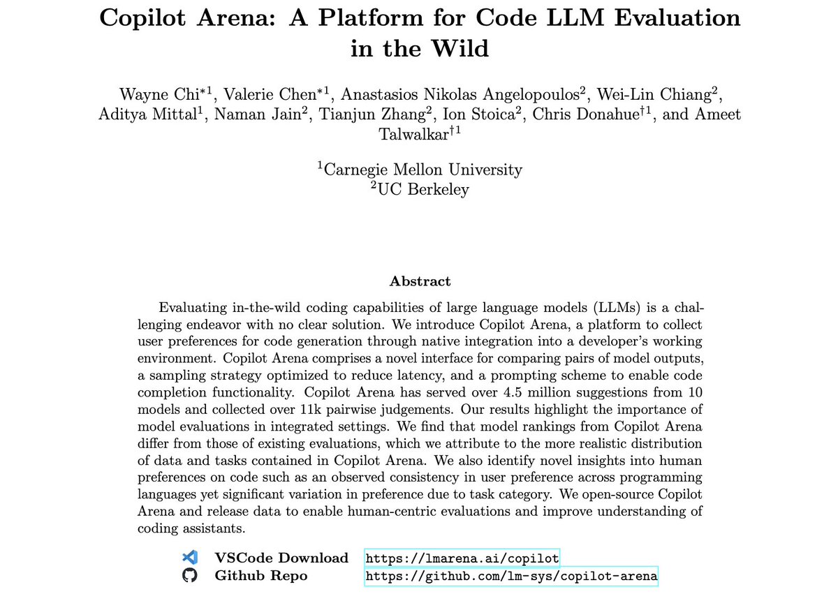 Wayne Chi (@iamwaynechi) on Twitter photo What do developers 𝘳𝘦𝘢𝘭𝘭𝘺 think of AI coding assistants?
In October, we launched <a href="/CopilotArena/">Copilot Arena</a> to collect user preferences on real dev workflows. After months of live service, we’re here to share our findings in our recent preprint.
Here's what we have learned /🧵 What do developers 𝘳𝘦𝘢𝘭𝘭𝘺 think of AI coding assistants?
In October, we launched <a href="/CopilotArena/">Copilot Arena</a> to collect user preferences on real dev workflows. After months of live service, we’re here to share our findings in our recent preprint.
Here's what we have learned /🧵