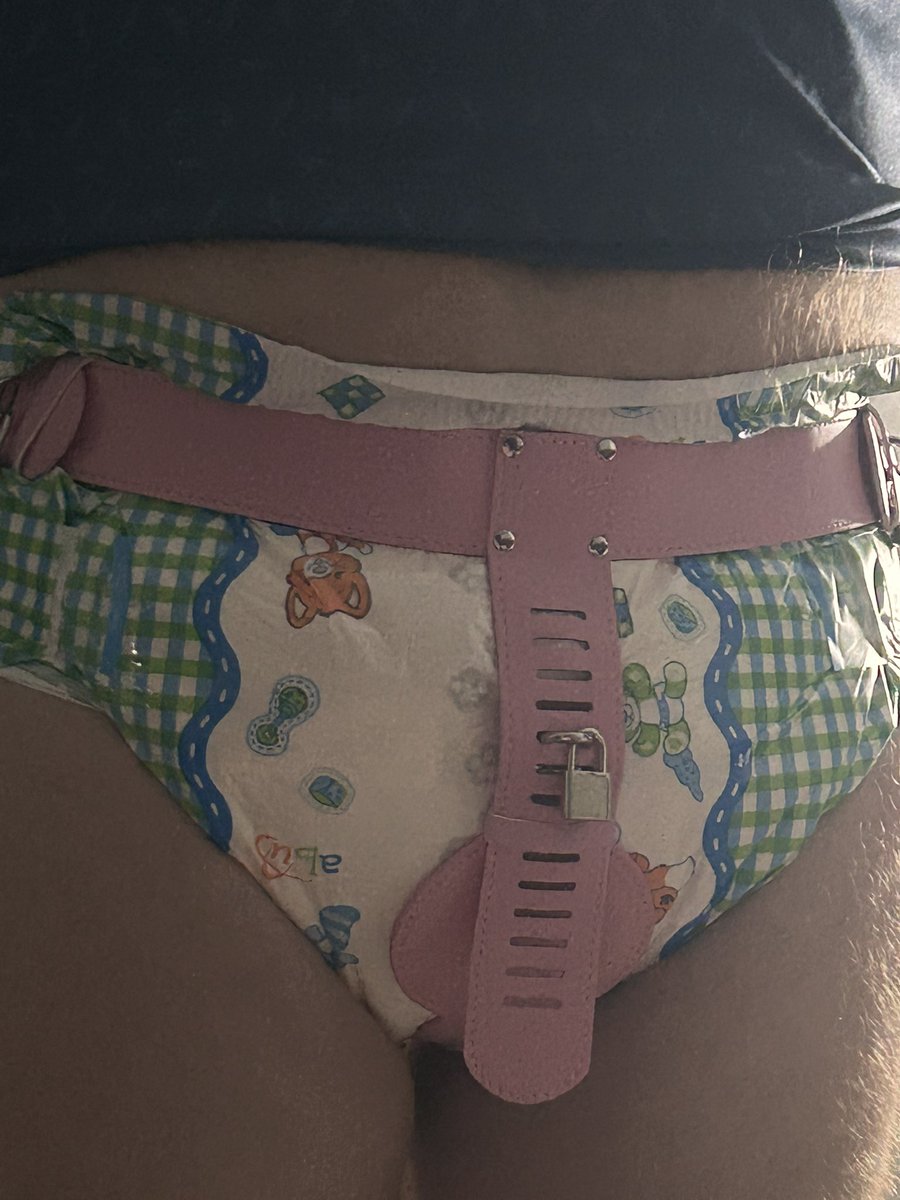 Triple diapered while in chastity cage &amp; chastity belt while Mistress works. 😈⛓️