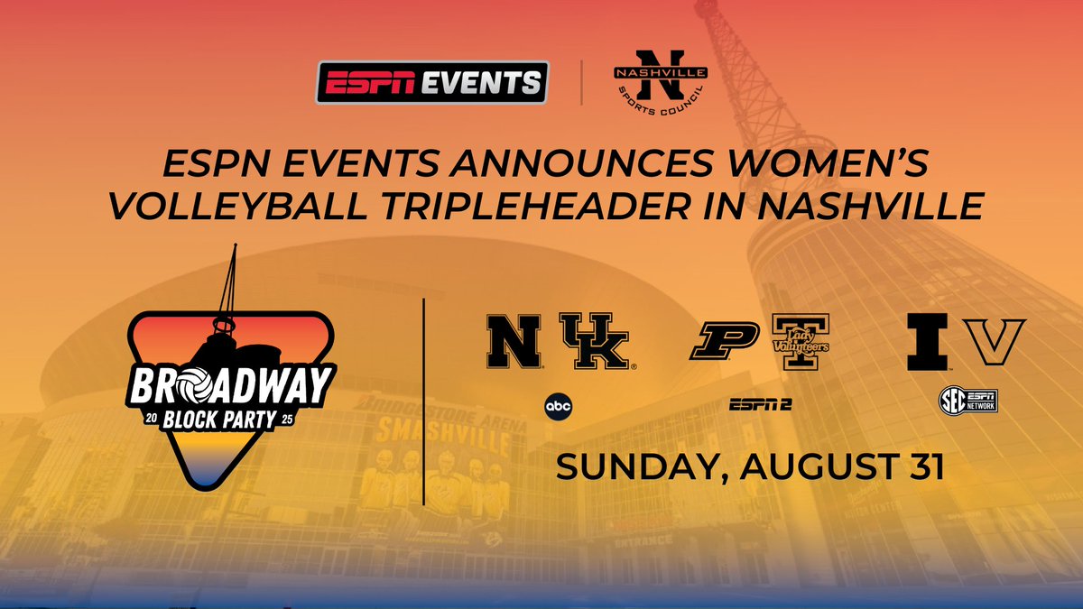 ESPN PR (@espnpr) on Twitter photo 🗣️<a href="/ESPNEvents/">ESPN Events</a> announces inaugural 'Broadway Block Party' - women's college volleyball tripleheader in Nashville
🗓️ Sunday, August 31
📍 Bridgestone Arena
🏐 Nebraska-Kentucky, Purdue-Tennessee, Illinois-Vanderbilt
More: bit.ly/41rUT0c | #NCAAWVB 🗣️<a href="/ESPNEvents/">ESPN Events</a> announces inaugural 'Broadway Block Party' - women's college volleyball tripleheader in Nashville
🗓️ Sunday, August 31
📍 Bridgestone Arena
🏐 Nebraska-Kentucky, Purdue-Tennessee, Illinois-Vanderbilt
More: bit.ly/41rUT0c | #NCAAWVB