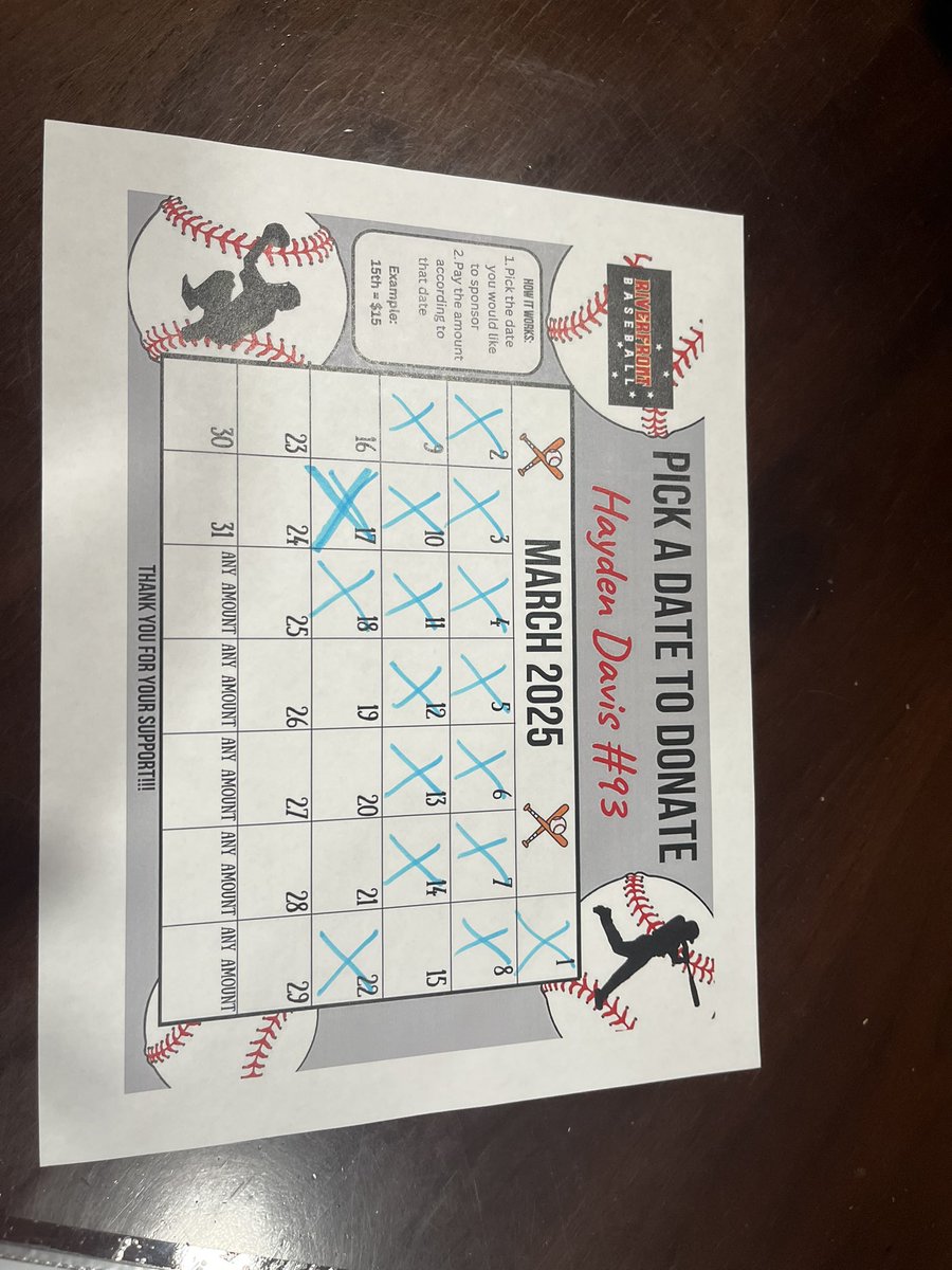 Updated travel baseball donation calendar for Hayden. He’s doing a great job. Thank you everyone. Keep going they want us to at least try and get the first 20 days marked off. Thank you again everyone.
