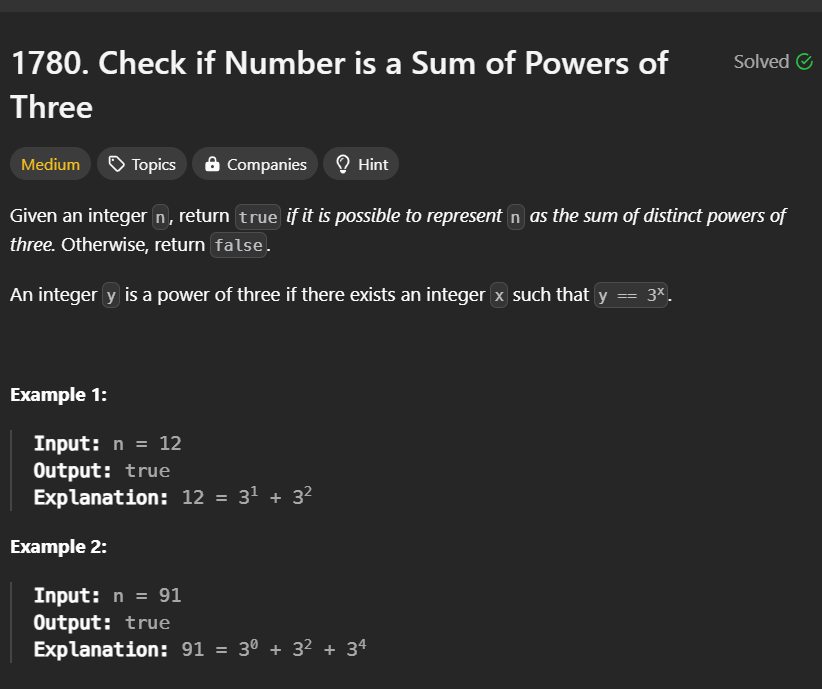 wreckYeet's tweet photo. 63 days straight of LeetCode grind! 🚀 
Today's challenge : 
1780.
Solved Using recursion and set to track powers of 3
#LearnInPublic #Leetcode #100DaysOfCode https://t.co/VNrzk1iEKp