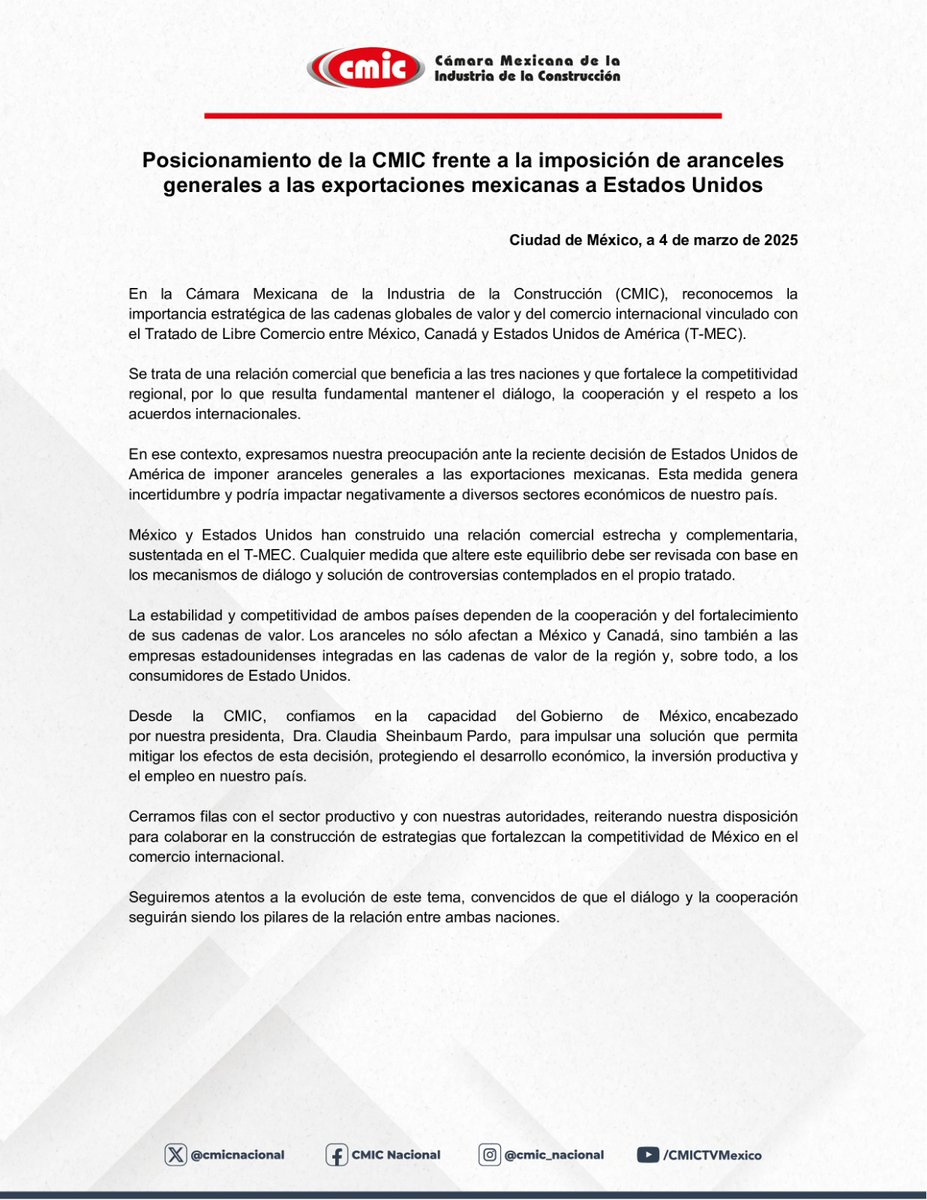 Posicionamiento de la CMIC frente a la imposición de aranceles generales a las exportaciones mexicanas a Estados Unidos

#NotiCMIC #ComunicadoDePrensa 📰#aranceles #TMEC