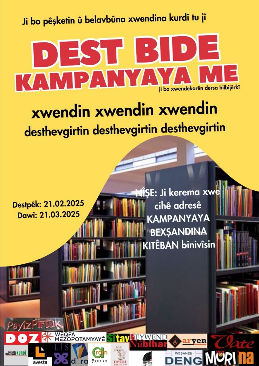 Kampanya berdewam e ji bîr nekin. Zarok li benda kitêban in. 
Em in maye zimanê me. Em mecbûr in van xebatan bikin🧑‍🏫

Sipariş👇👇
nubihar.com/detail/12696-s…

nayayinlari.com/index.php?rout…

pirtukakurdi.com/urun/kurtce-co…

polakitap.com/urun/seta-bexs…

morizarok.com/detail/893-zaz…

wmezopotamyaye.org/ku/d/naveroken…
