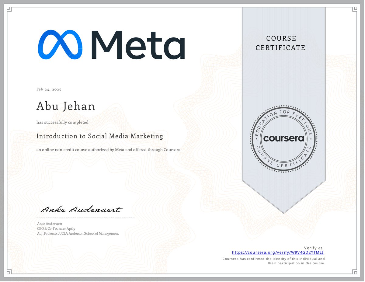 DigimarketingM's tweet image. 🚀 Just completed the @Meta Social Media Marketing course via Coursera! Excited to apply new strategies for brand growth! 📈💡
📜 Certificate: coursera.org/verify/W9V4GD2…
#SocialMediaMarketing #DigitalMarketing #SMM #MetaMarketing