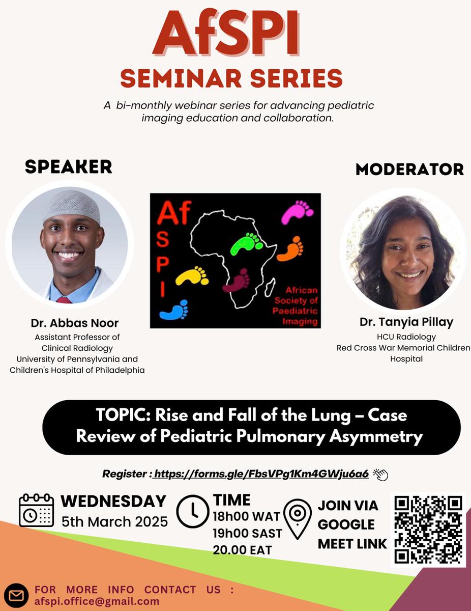 Amal Saleh (@amalsalehnour) on Twitter photo The African Society of Pediatric Imaging (AfSPI) is having the first webinar of 2025. Dr Abbas Noor from <a href="/CHOPRadiology/">CHOP Radiology</a> is presenting and session moderated by Dr. Tanyia Pillay, President of AfSPI. Please register and join tomorrow, March 5th. docs.google.com/forms/d/e/1FAI⦠The African Society of Pediatric Imaging (AfSPI) is having the first webinar of 2025. Dr Abbas Noor from <a href="/CHOPRadiology/">CHOP Radiology</a> is presenting and session moderated by Dr. Tanyia Pillay, President of AfSPI. Please register and join tomorrow, March 5th. docs.google.com/forms/d/e/1FAIā¦