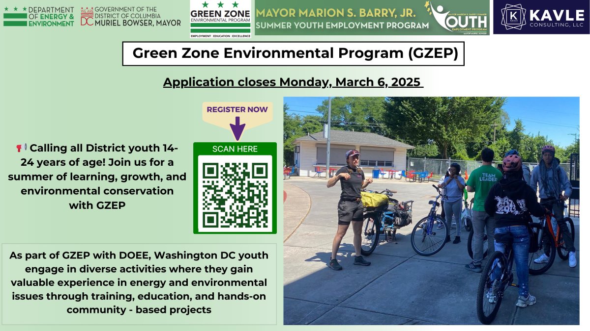 Kavle Consulting (@kavleconsult) on Twitter photo 📢Dive into a greener future with Green Zone Environmental Program (GZEP) w/<a href="/DOEE_DC/">Department of Energy & Environment</a>. The summer program offers expert-led education in energy & environmental sustainability. #GZEP has something for you thru/workshops & projects #youthempowerment
Apply➡️ bit.ly/3Ct8oEp 📢Dive into a greener future with Green Zone Environmental Program (GZEP) w/<a href="/DOEE_DC/">Department of Energy & Environment</a>. The summer program offers expert-led education in energy & environmental sustainability. #GZEP has something for you thru/workshops & projects #youthempowerment
Apply➡️ bit.ly/3Ct8oEp