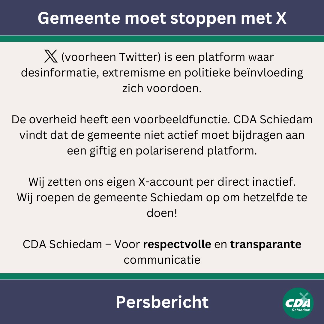 Het CDA Schiedam heeft besloten geen gebruik meer te maken van X. Dit besluit is genomen omdat wij niet willen bijdragen aan een giftig en polariserend platform.