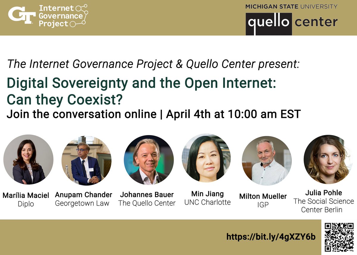 IGPAlert's tweet photo. On April 4, 2025 at 10:00 am EST, the Internet Governance Project (IGP) in collaboration with the Quello Center will gather scholars to debate what digital sovereignty means, how it is being used as a label, and whether the various interpretations of the term are compatible with the foundational values of the open internet. Join us for what is sure to be a riveting discussion! Register for the webinar here: https://t.co/H79pIPx8l2
#InternetGovernance
#DataSovereignty
#digitalsovereignty
