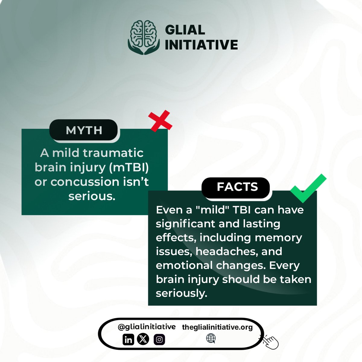 🚨 Myth vs. Fact: Brain Injury Edition! 🧠🚑

🚫 Myth: "A mild TBI or concussion isn’t serious."
✅ Fact: Even a "mild" traumatic brain injury can have lasting effects—memory problems, headaches, emotional changes, and more. Every brain injury should be taken seriously!